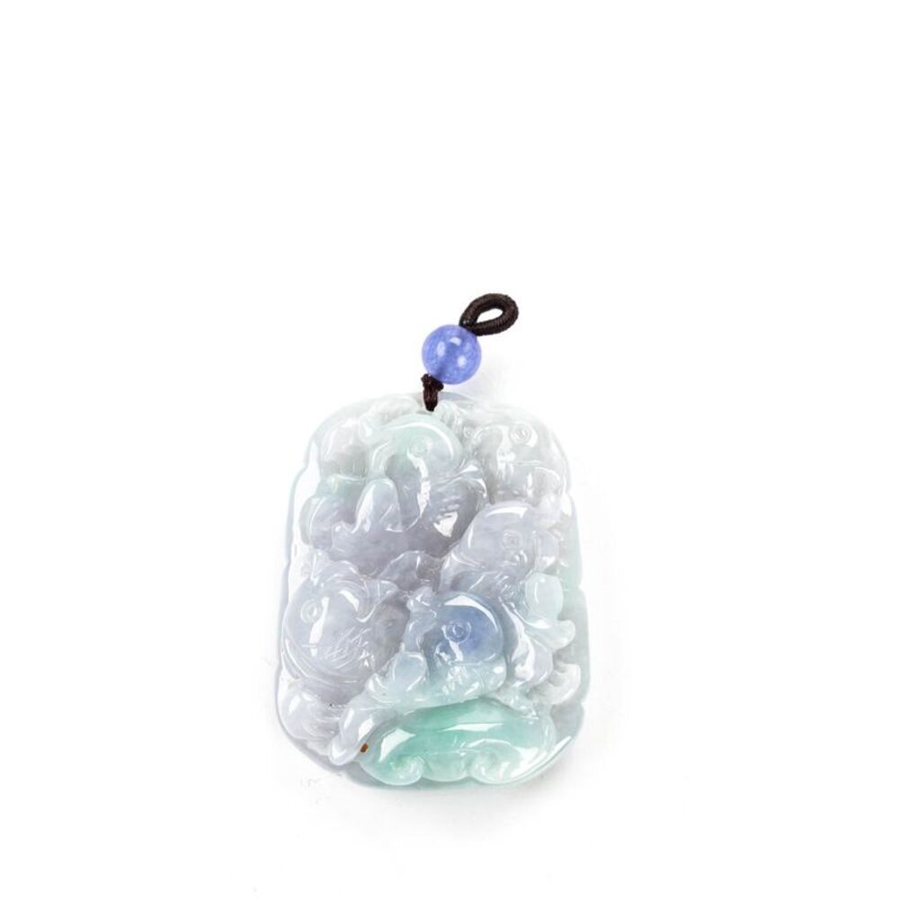 Designer Womens Jade Carved Fish Amethyst Bead Pendant 60.8g 2"
